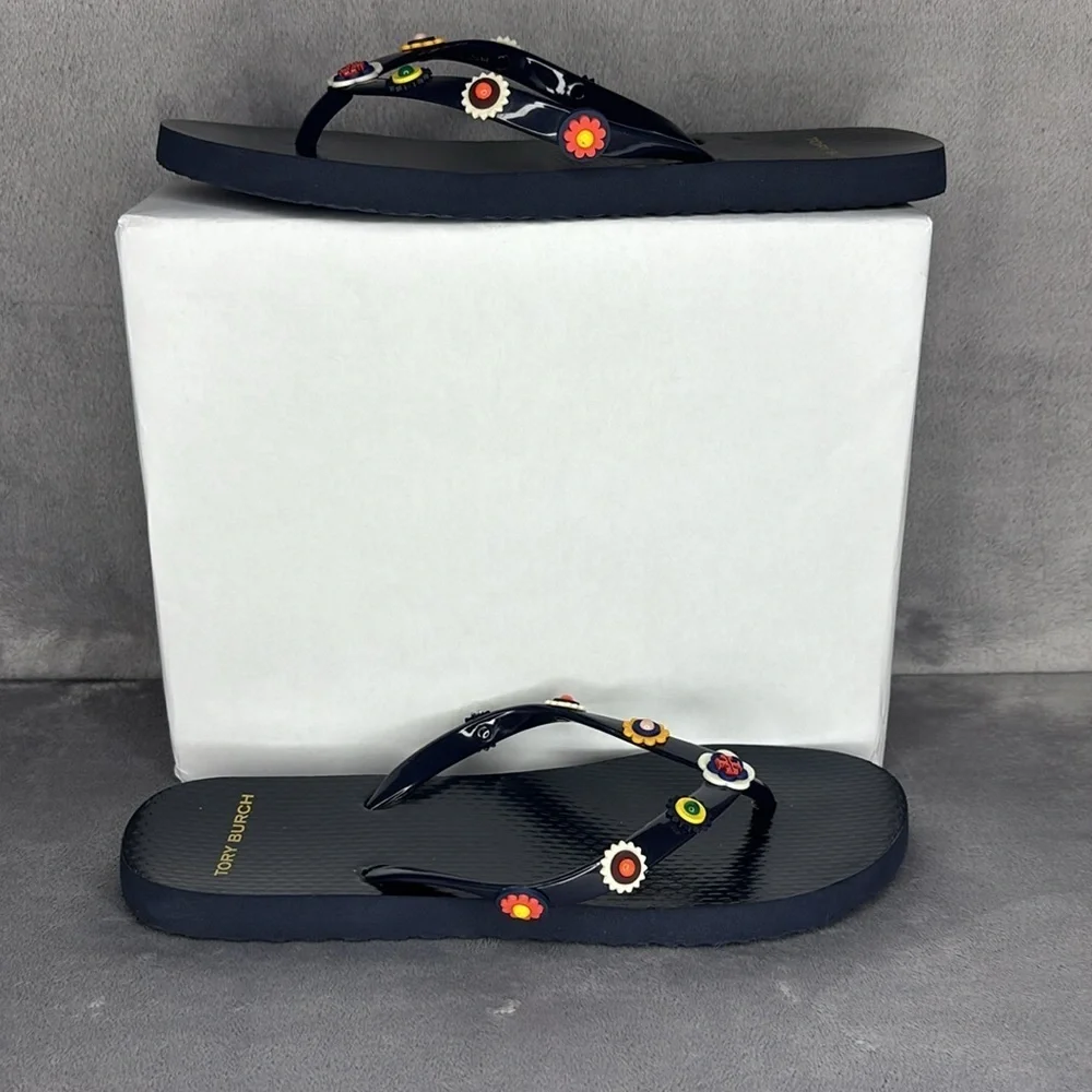 Tory Burch Marguerite Floral Charm Flip Flops Navy Size 6-7
